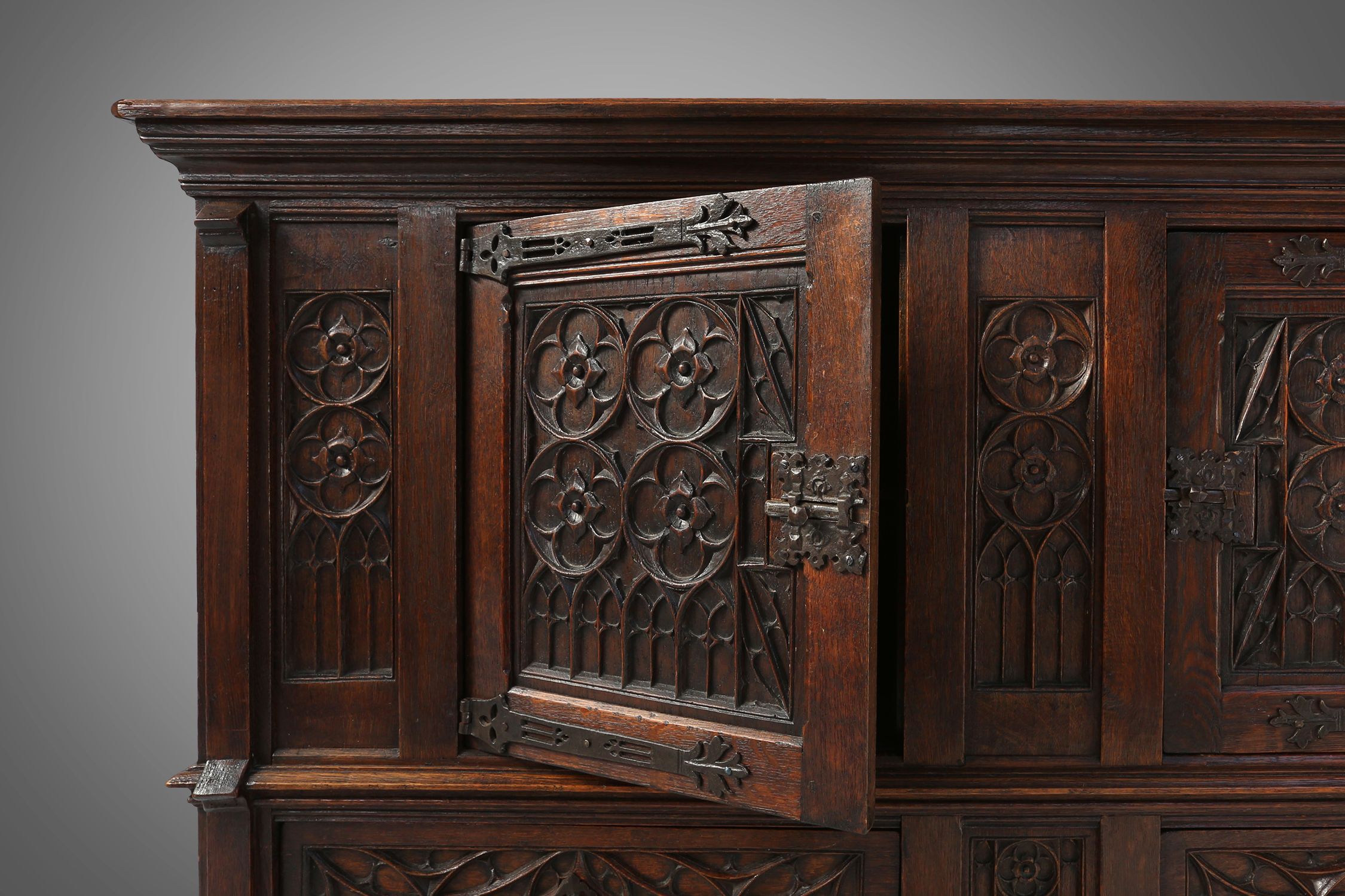 Neo-gothic cabinet in oak with concealed storage and rich decorations, France, 1850sthumbnail
